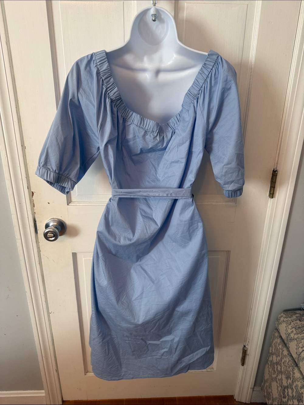 Eloquill Powder Blue Puff-Sleeve Midi Dress with Tie Waist - Picture 2 of 3